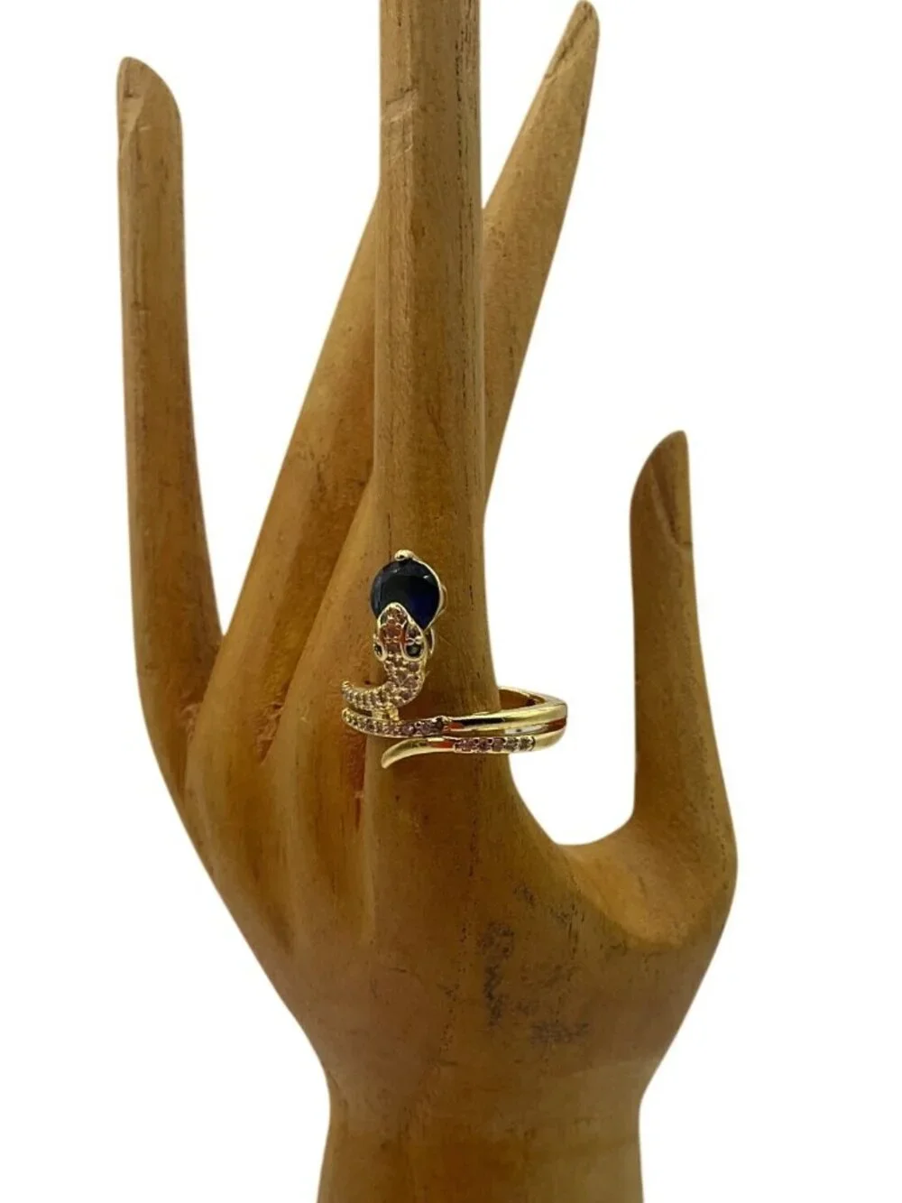 New Artisan Gold Filled Snake Adjustable Ring Blue Rhinestone in Mouth Whimsical
